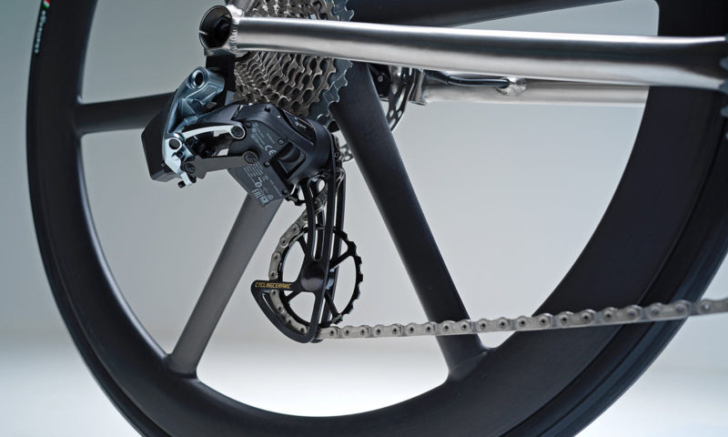 Rocket Granite X Cycling Ceramic custom titanium road bike, OSPW oversized derailleur cage ceramic upgrade
