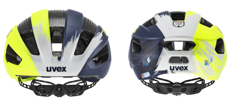 Uvex Rise affordable pro aero road bike helmet for Intermarché-Circus-Wanty, front & back