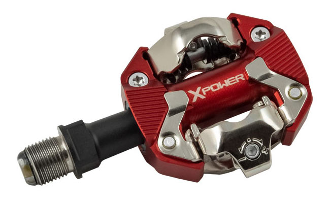 srm x-power meter pedals shown in red