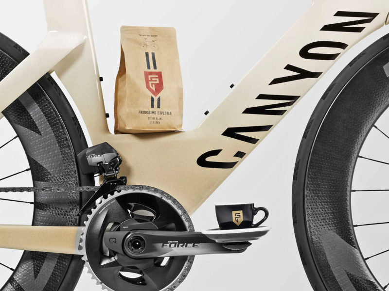Canyon Speedmax CF SLX Frodissimo limited edition espresso triathlon bike infused with coffee, schwag
