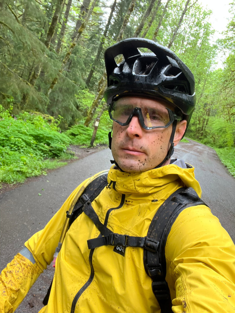 gorewear Lupra mountain bike jacket review - being worn in wet forest