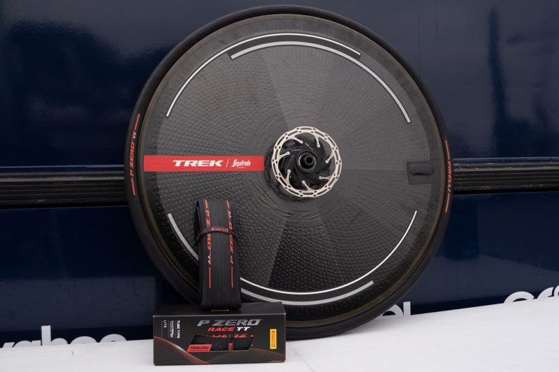 pirelli p zero race tt road bike tire mounted to a rear disc wheel for a time trial bike