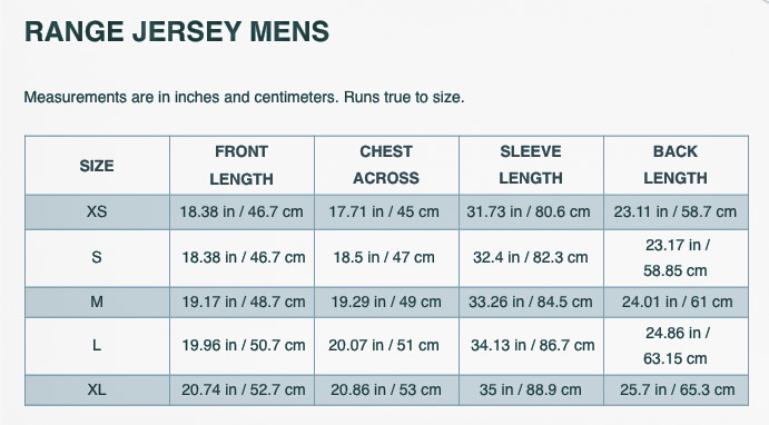 Mission Workshop Range Jersey Men's size chart