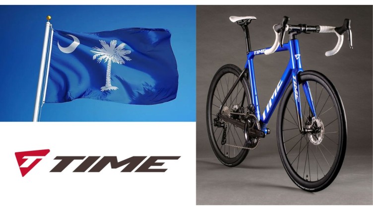 collage of the south carolina flag, time bicycle, and time logo