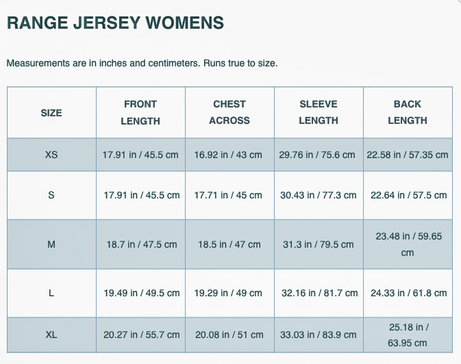 Mission Workshop Range Jersey Women's size chart