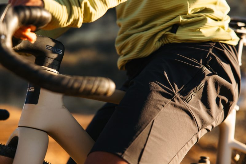 close up of the shorts of a cyclist sitting on a bike