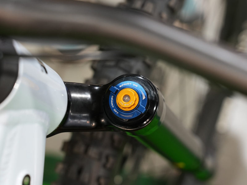 closeup details of KS M36 inverted suspension fork for trail and XC mountain bikes