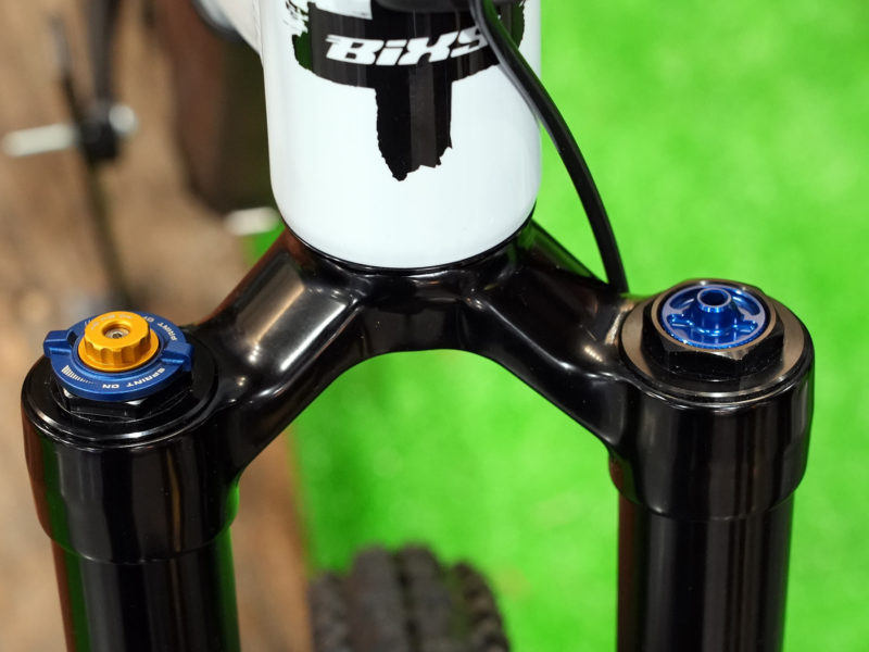 closeup details of KS M36 inverted suspension fork for trail and XC mountain bikes