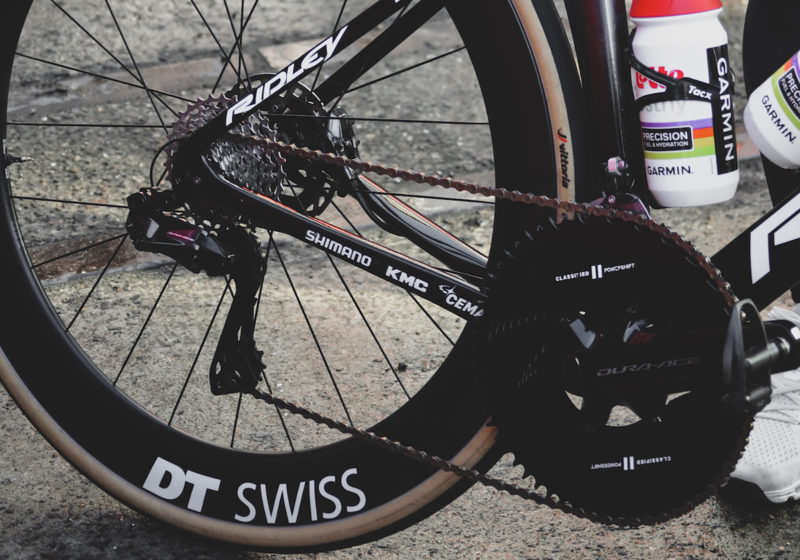 Closeup of Victor Campenaerts' Ridley race bike with a Classified Cycling drivetrain and 62-tooth front chainring