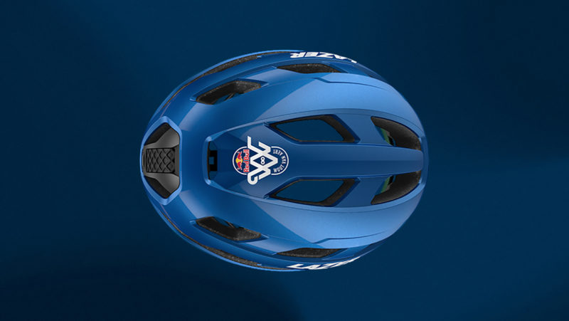 An above view of the Lazer Strada KinetiCore, Red Bull edition, against a blue background. The Red Bull Logo is visible 