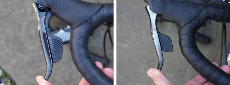 side by side feature and shape comparison of SRAM Force AXS versus eTap shifter levers