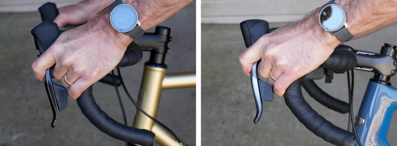 side by side feature and shape comparison of SRAM Force AXS versus eTap shifter levers - finger clearance