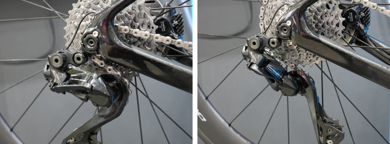 shimano road derailleur shown at extreme ends of cassette