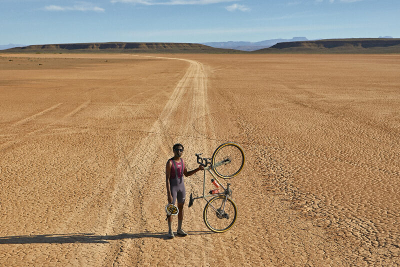 Standert Erdgeschoss stainless steel adventure gravel bike, photo by Postage Agency, desert