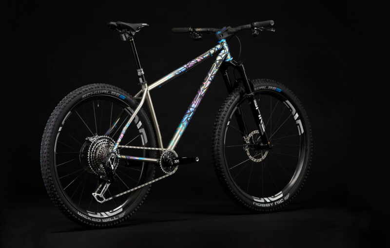 sage powerline titanium hardtail trail mountain bike shown from rear angle