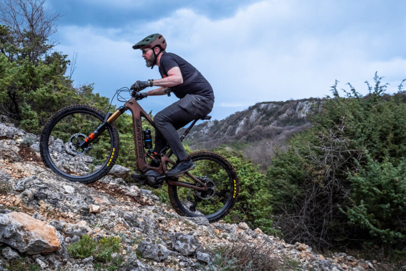 Next-gen Shimano eMTB ebikes transformed with AutoShift FreeShift automatic shifting, powered by LinkGlide, EP-801 & 11sp XT Di2, photo by Dan Milner, steep technical climb