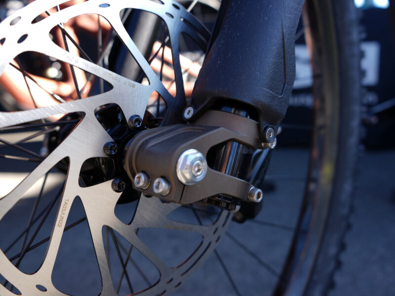 closeup details of prototype push industries inverted suspension fork for trail and enduro mountain bikes