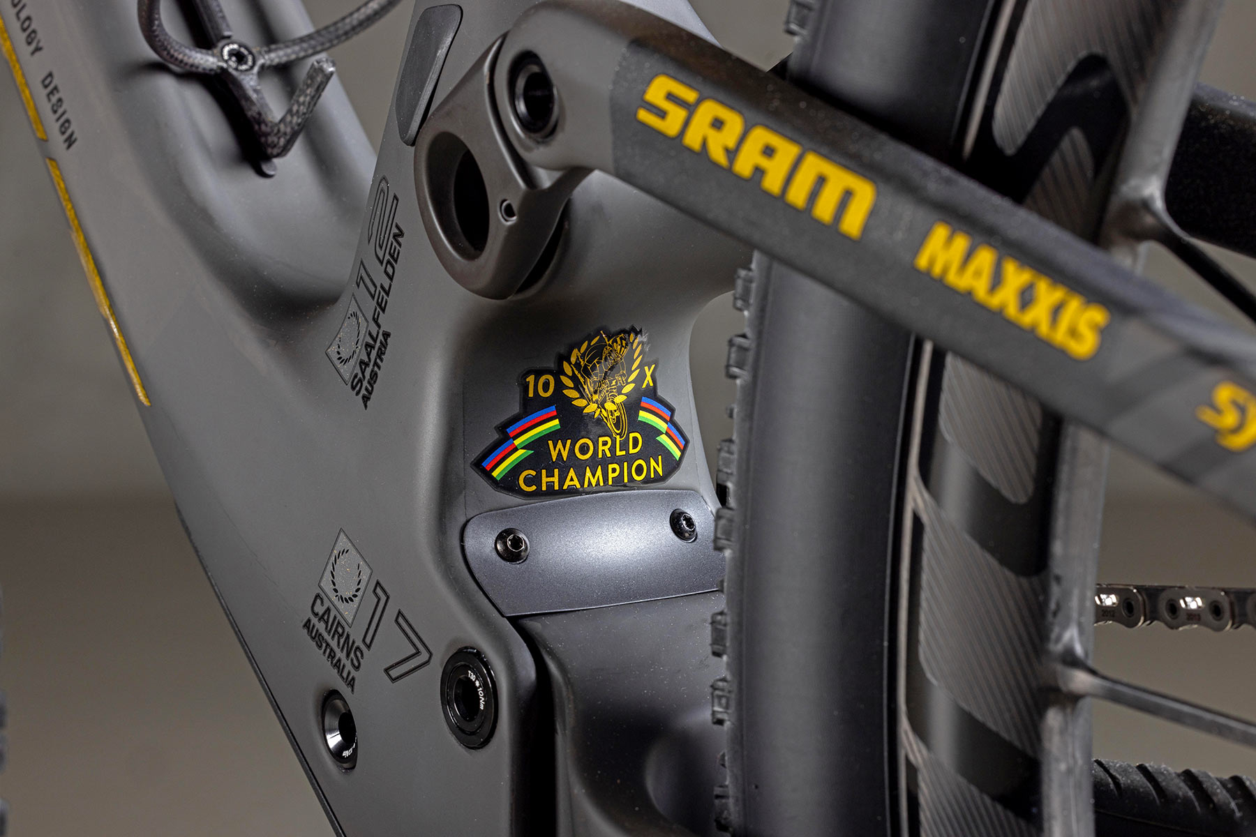 Pro Bike Check: Nino Schurter 10x UCI XC MTB World Champion custom Scott Spark RC, photo by Michael Riehle, champ's logo