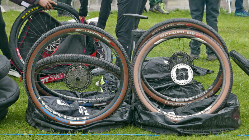 Prototype Schwalbe First Ride fast-rolling XC race mountain bike tire, rainy Elite XCO pit