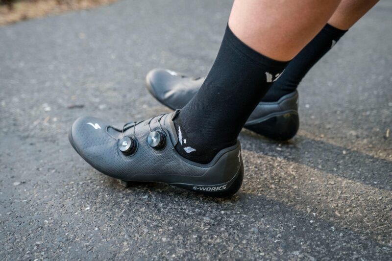 Specialized S-Works Torch road bike shoes on the feet.