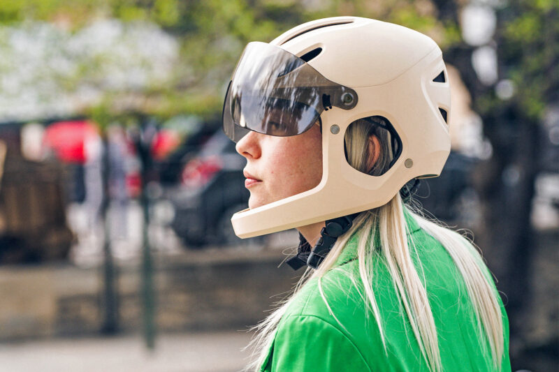 The Beam x Virgo MIPS full-face commuter ebike helmet on Kickstarter now, the safest cycling helmet for e-bikes, visor up