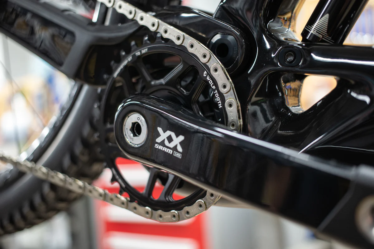the chainring and crank of an ebike