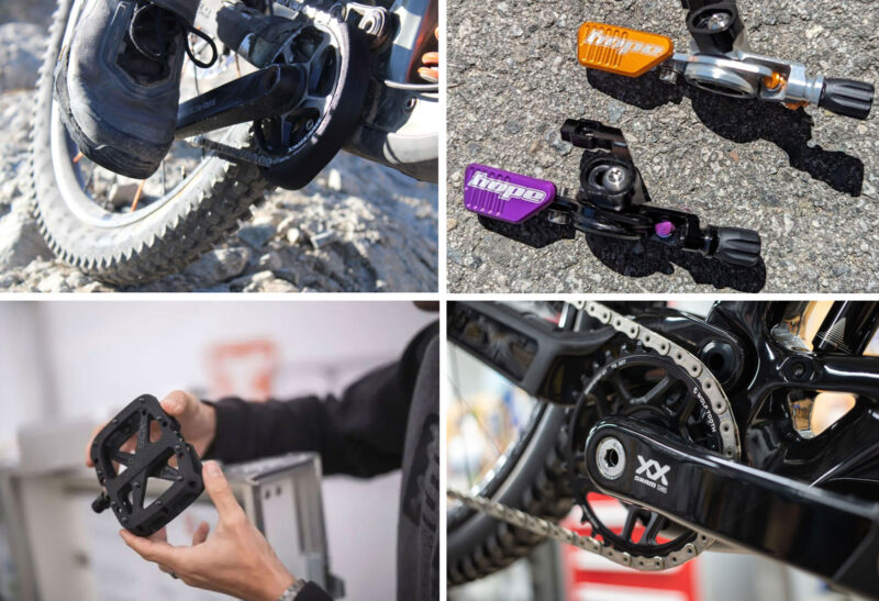 mtb tech round up hope tech dropper remote reev components 3d printed bash guard wolf tooth components ebike chainring sqlab composite pedal