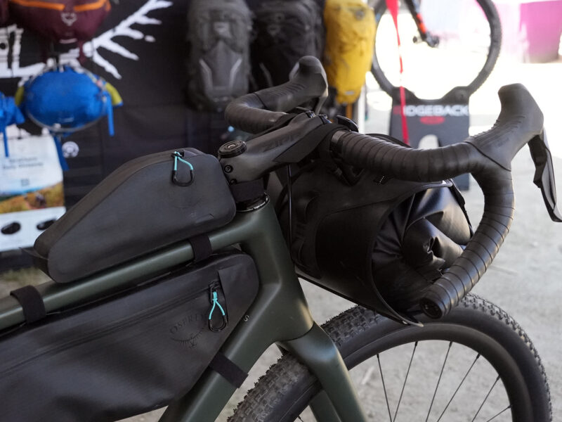 closeup details of prototype osprey bikepacking bags