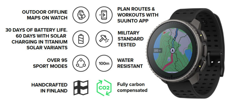suunto vertical GPS adventure watch with solar recharging graphic showing all specs
