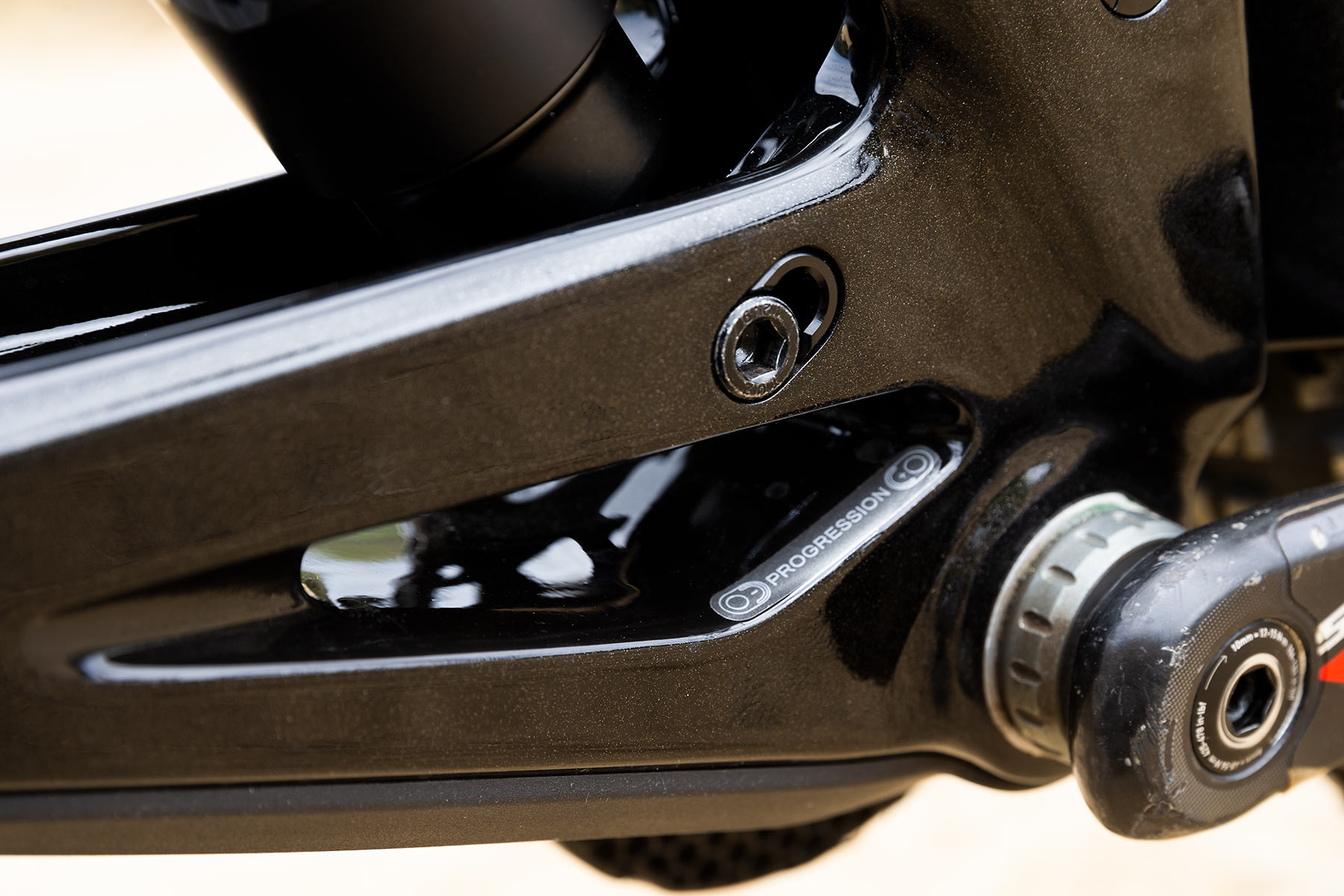closeup details of 2023 GT Fury DH bike progression adjustment