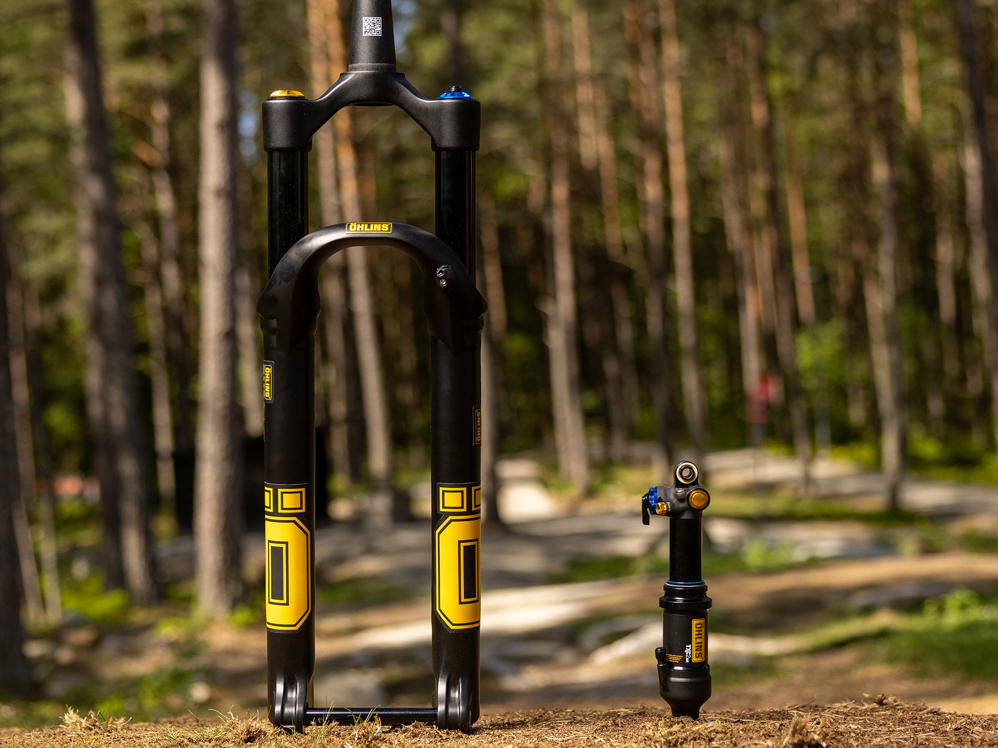 Öhlins XC short-travel 100-120mm cross-country mountain bike racing suspension, photo by Jeff Thoren, front & rear