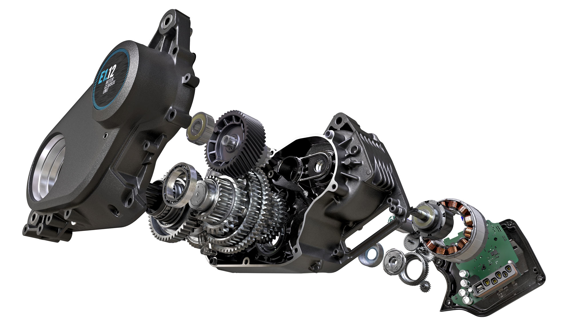 Pinion ON.E combined ebike motor gearbox unit MGU complete transmission powertrain, exploded view
