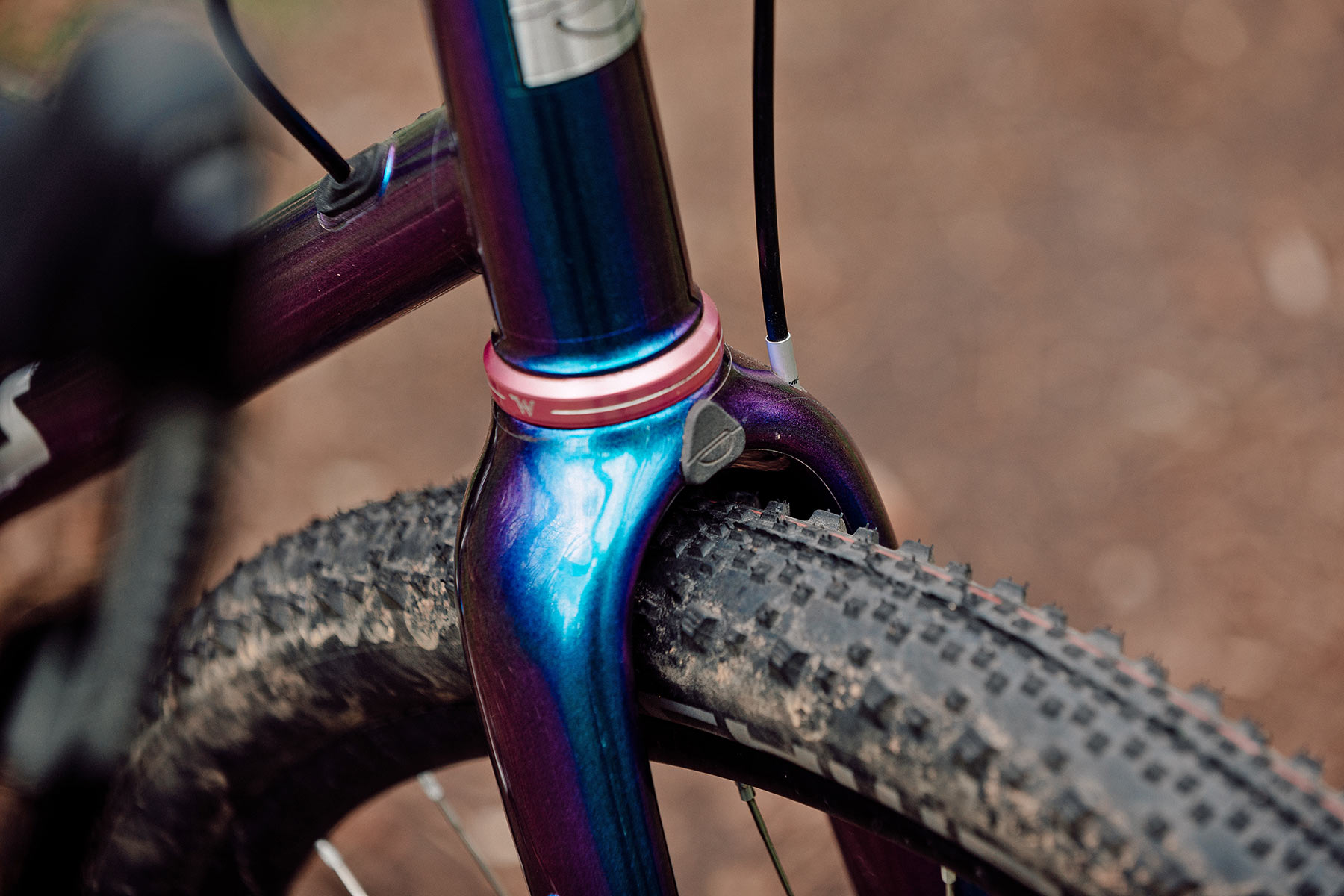 Sour Business ultra-tough carbon gravel adventure bikepacking fork, custom Purple Haze photo by Flori, crown plug detail