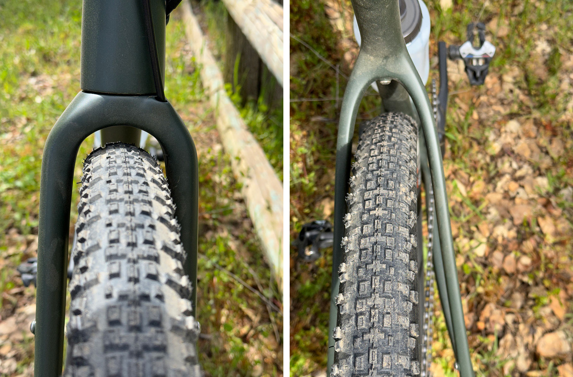 alchemy lycos gravel bike review with closeup details of tire clearance