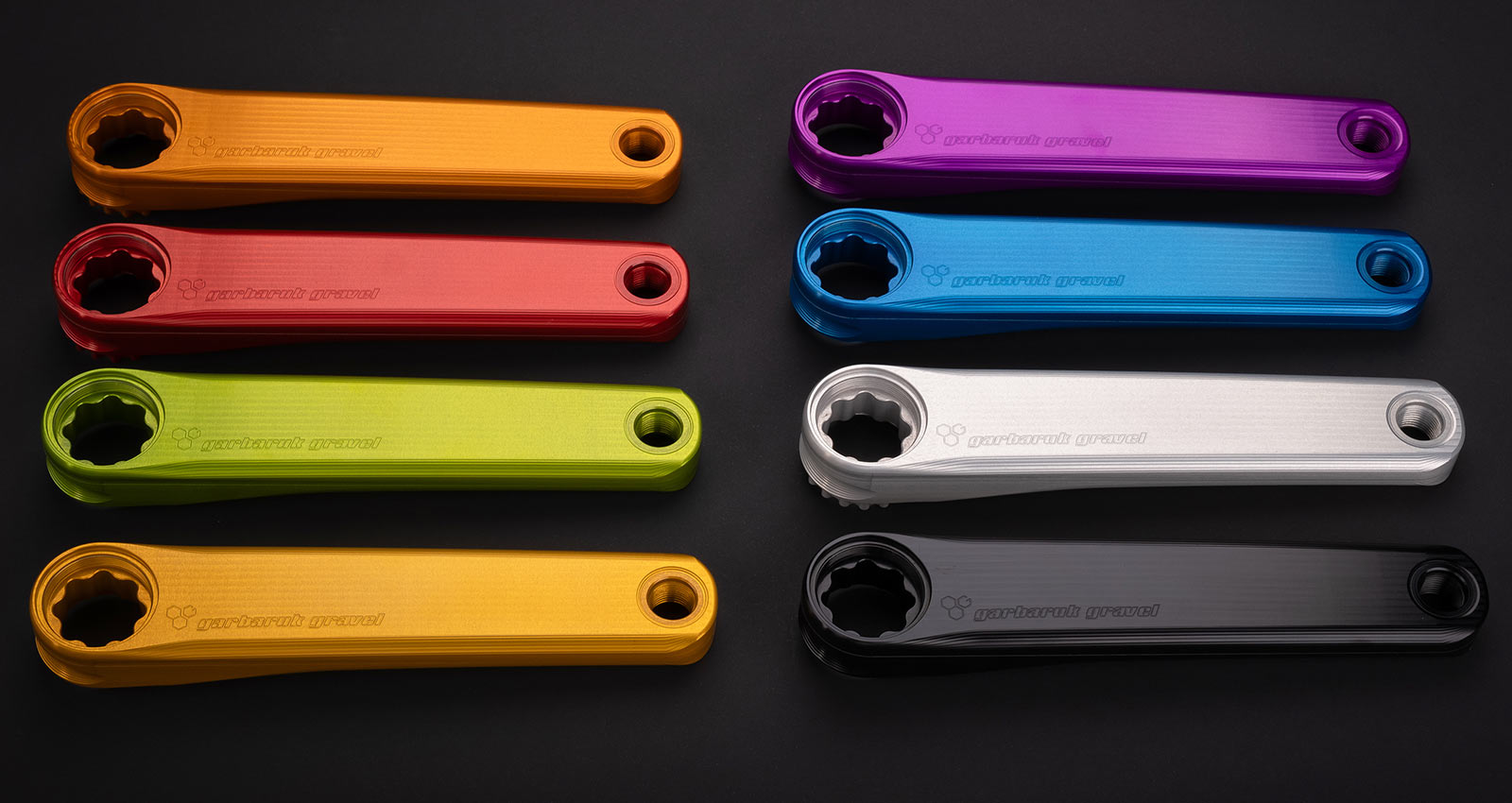 Garbaruk Gravel & Road Crankset, lightweight strong affordable alloy cranks EU-made, CNC-machined in Poland, ano colors