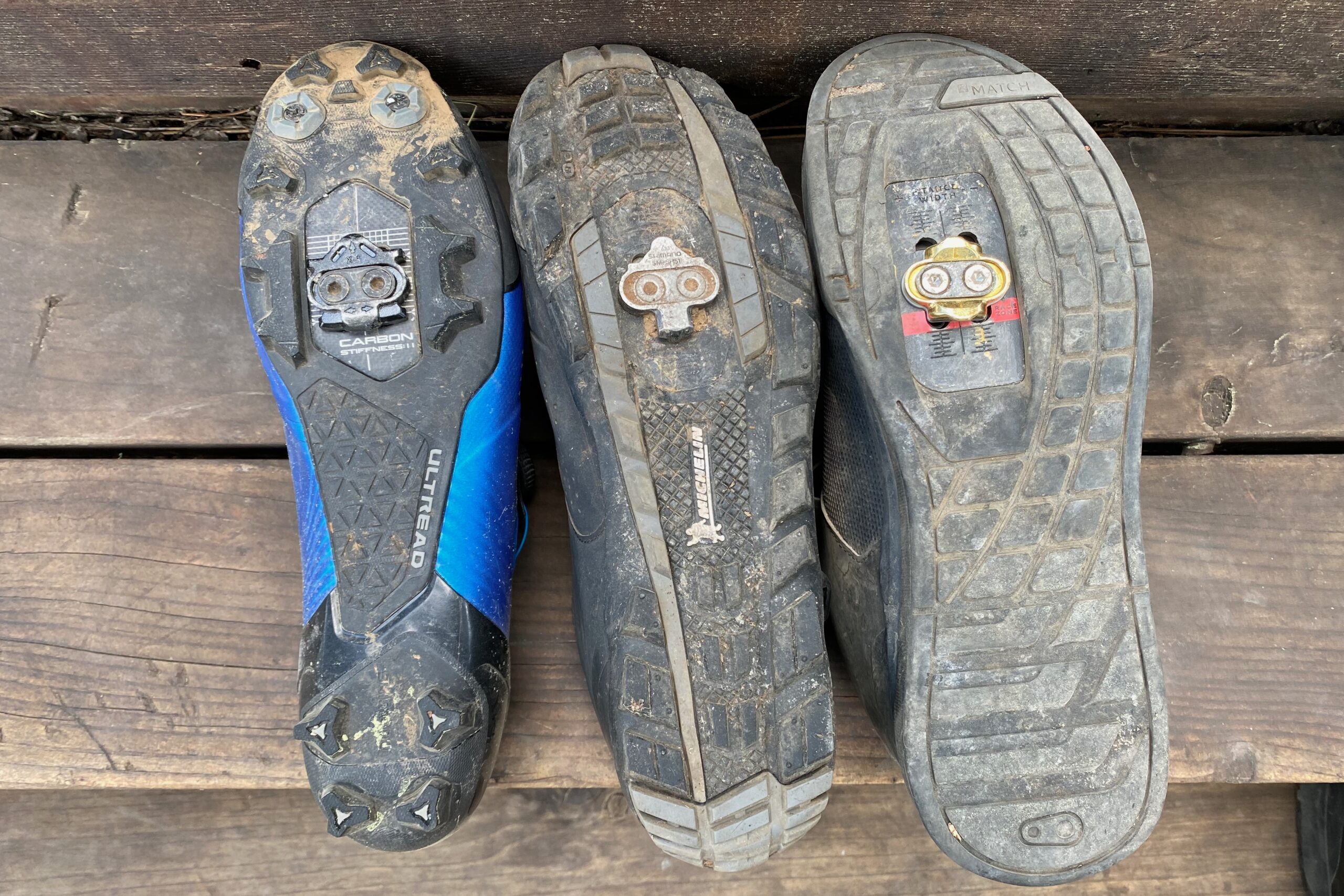 Examples of different outsole designs on mountain bike shoes
