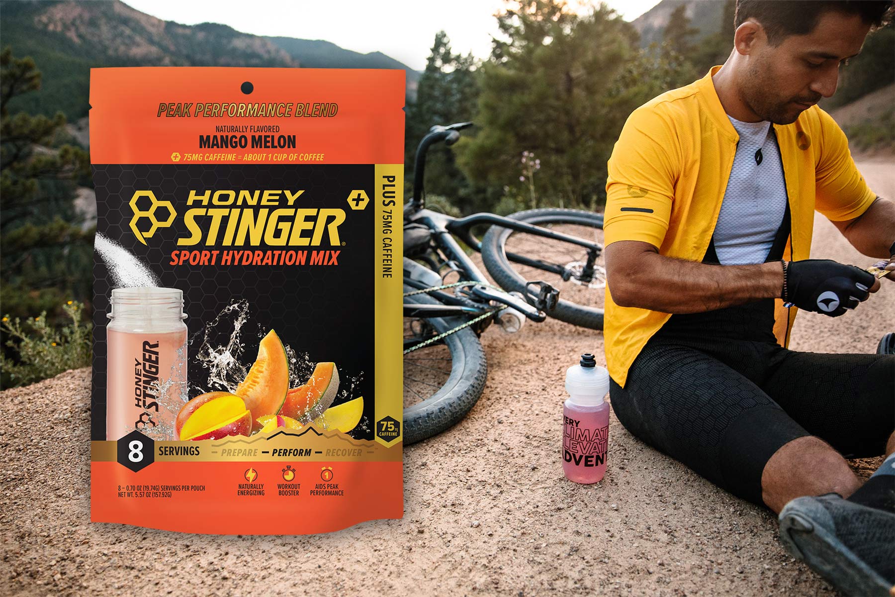 honey stinger sports drink mix shown with a cyclist