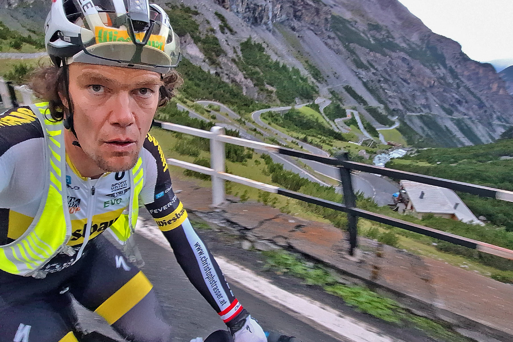 Apidura Packable Visibility Vest, fitted hi-viz vest for road cycling, Christoph Strasser Transcontinental TCRNo9 winner, morning Stelvio selfie