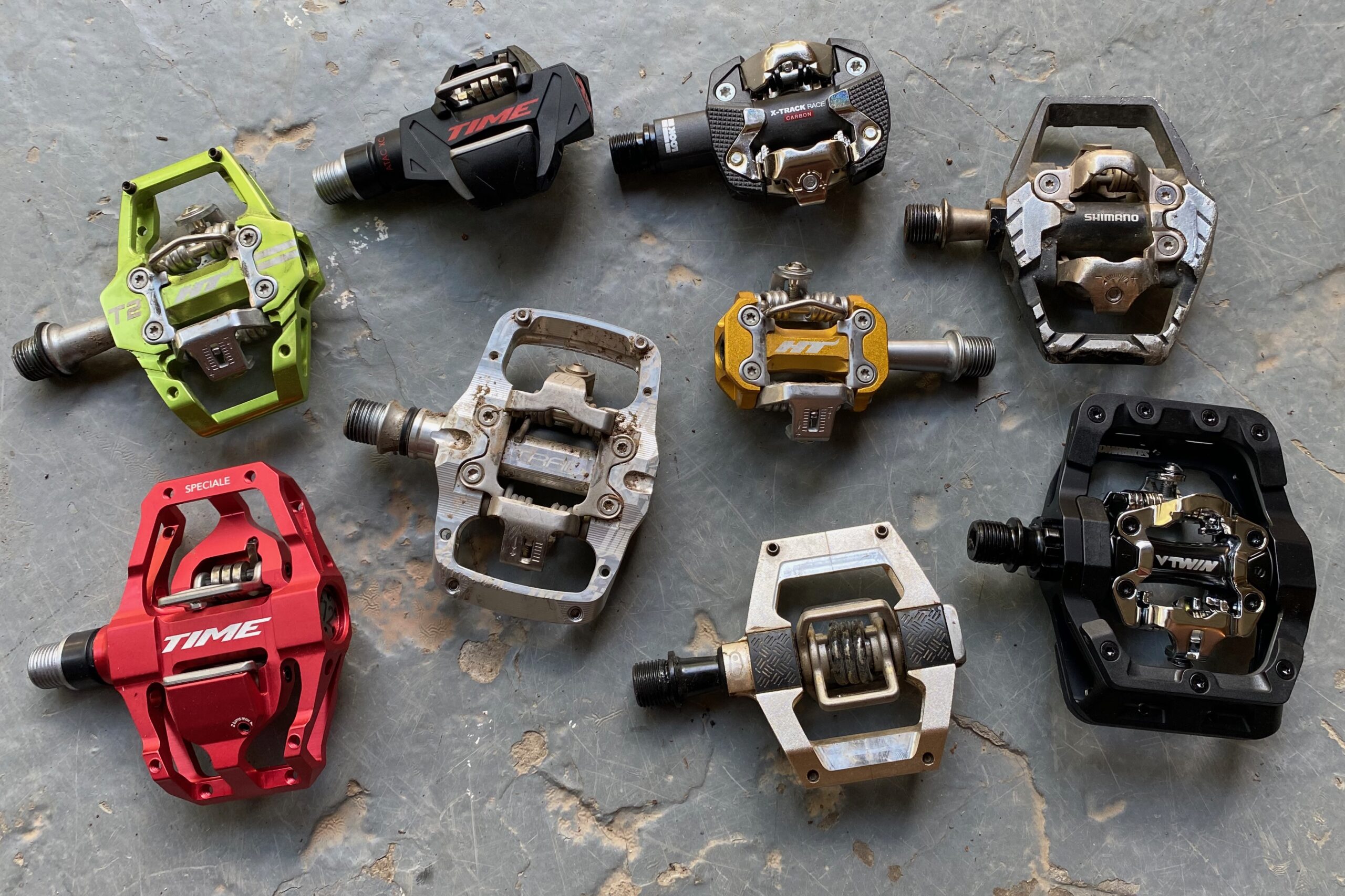A selection of clipless mountain bike pedals
