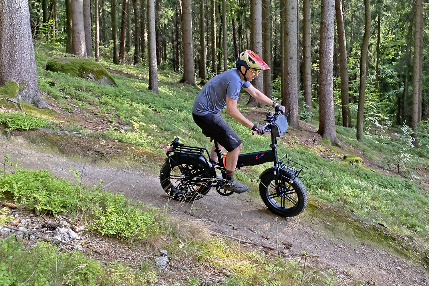 Engwe Engine X 250 ebike, a compact folding 20" mini fat-tire full-suspension commuter e-bike, trail riding
