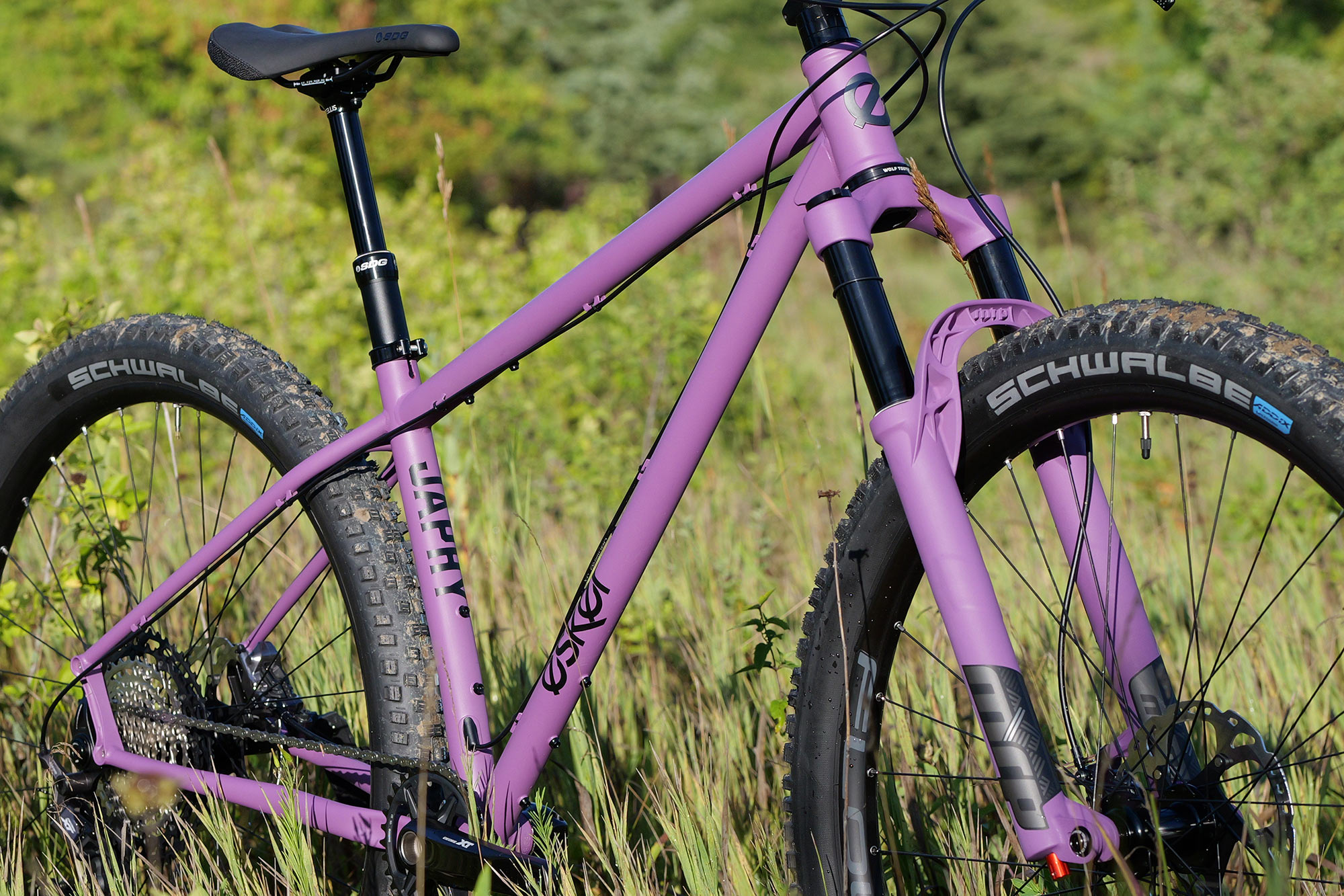 Esker x MRP limited edition wild purple cerakote Japhy ShredKote steel trail hardtail, frameset detail