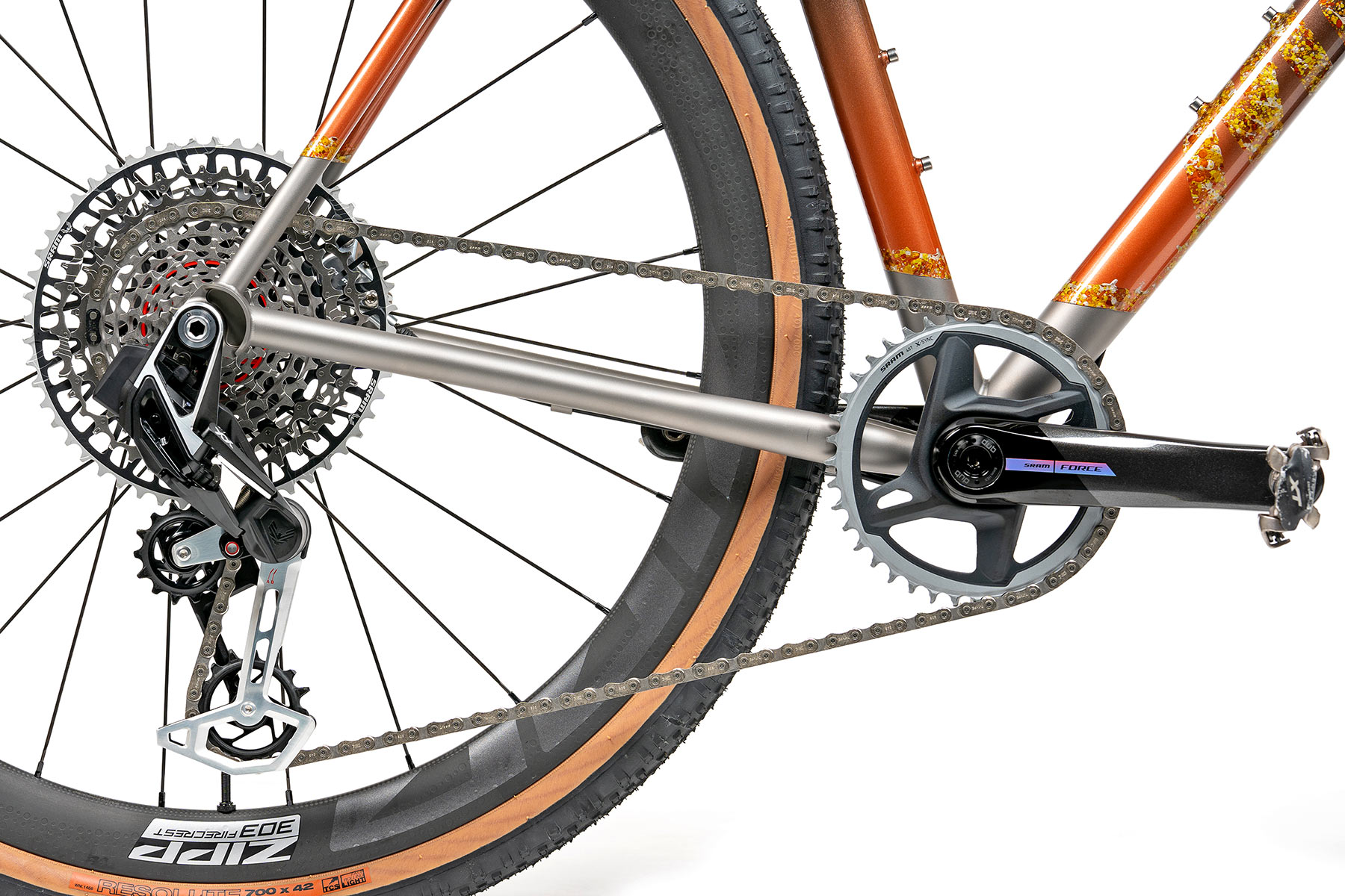 Mosaic GT-1 45 custom titanium gravel bike, UDH upgrade, Beautiful Chaos artist series, SRAM Ty-type Eagle transmission