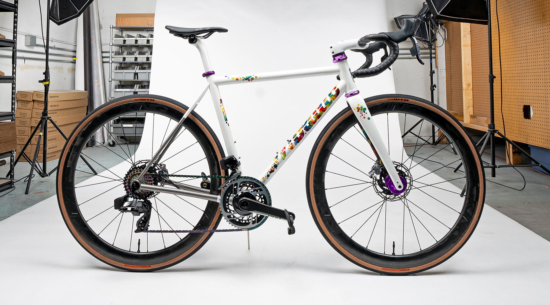 Mosaic RT-1 ITR custom titanium integrated thick road bike, Prismatica artist series, MADE show bike