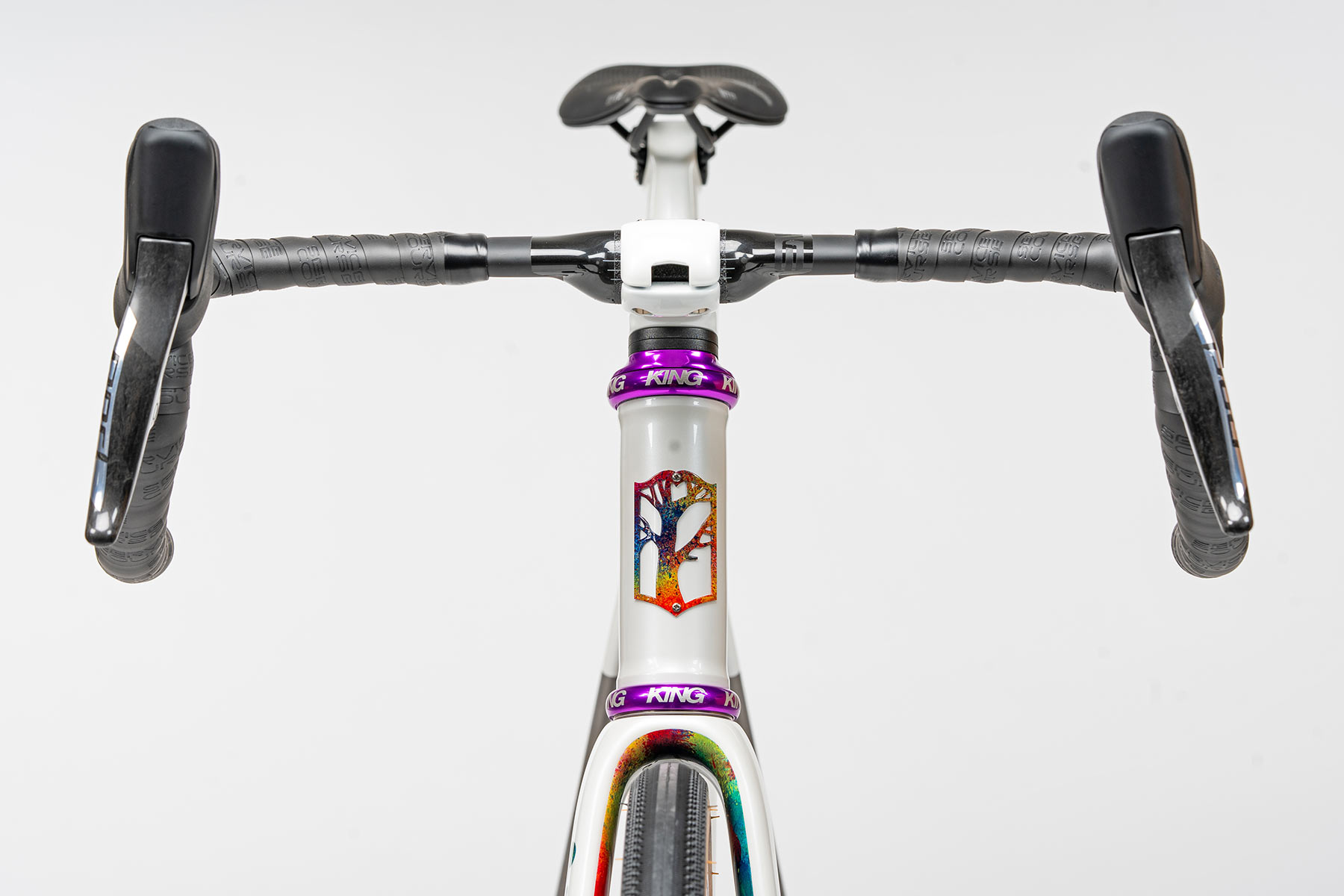Mosaic RT-1 ITR custom titanium integrated thick road bike, Prismatica artist series, front view