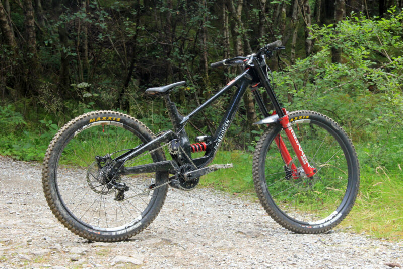 forbidden dh bike inverted four bar high pivot downhill carbon frame non drive side view