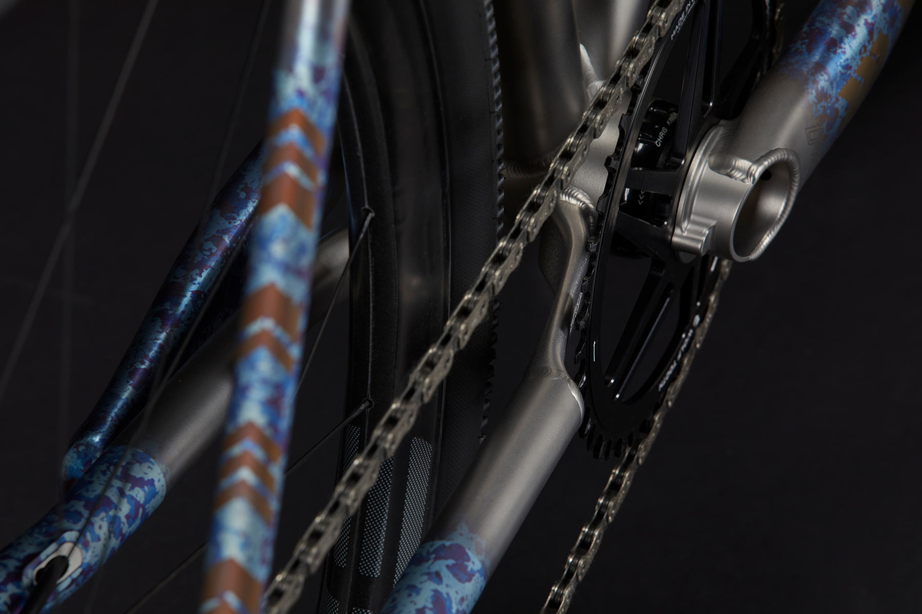 closeup details of sage titanium storm king gravel bike with 3D printed chainstay yoke and dropouts