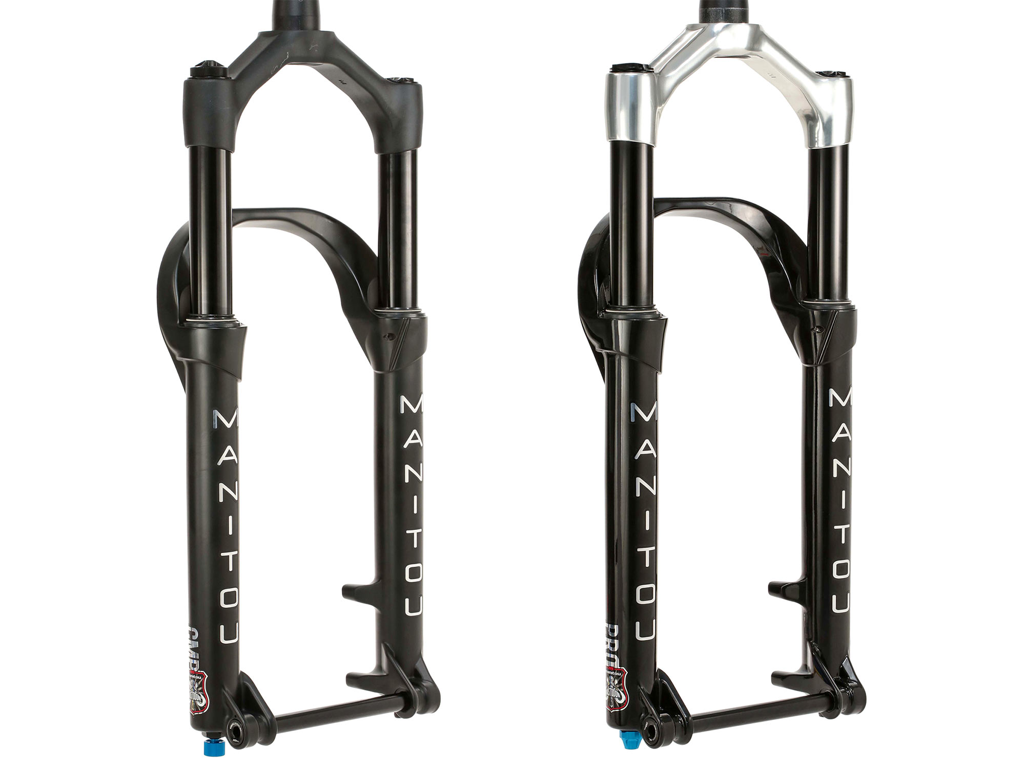 2023 Manitou Mastodon lightweight fat bike suspension fork, PRO vs. COMP angled