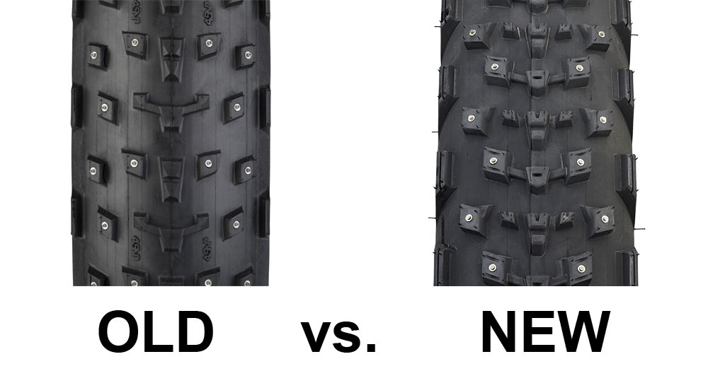 45Nrth Winter 2023-24 teaser, redesigned Dillinger 4 fast rolling fatbike tires, old vs. new tread design