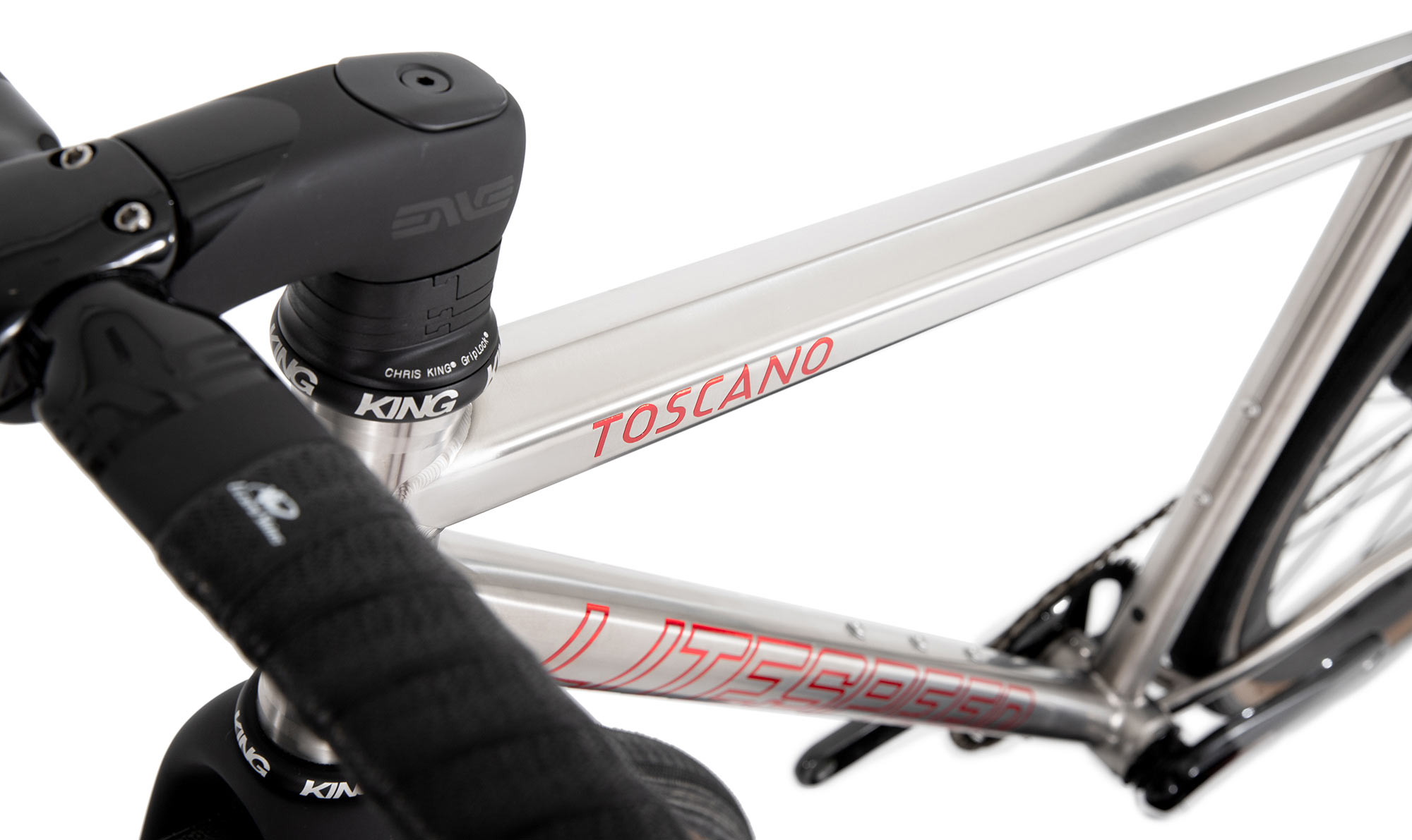 closeup details of litespeed toscano titanium gravel bike top tube