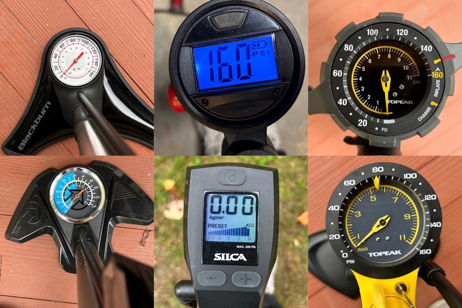 Collage of bike pump gauges for comparison